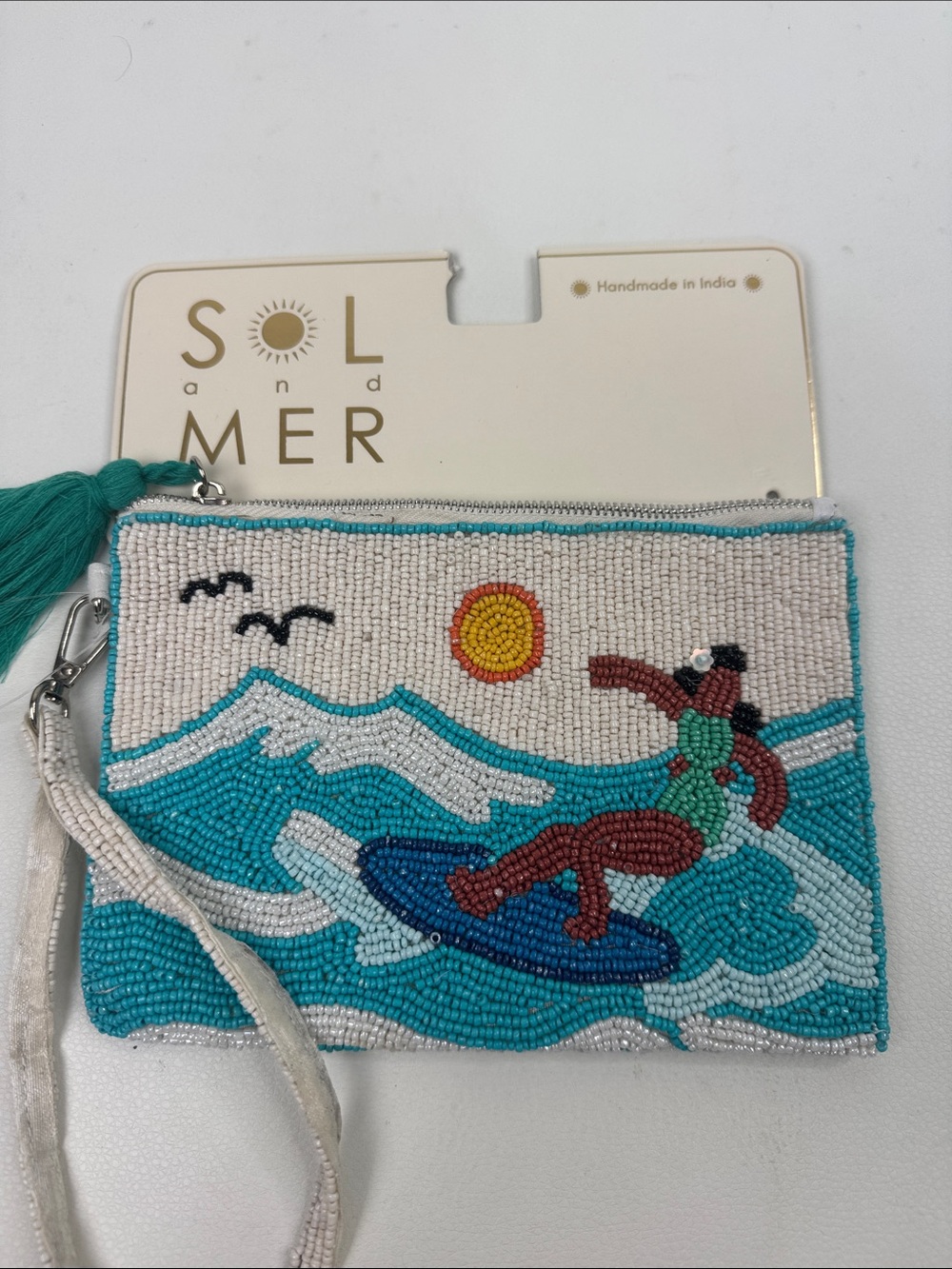 SOL and MER Teal & Blue Beaded Surf Beach Wristlet Clutch bag Zipper New NWT